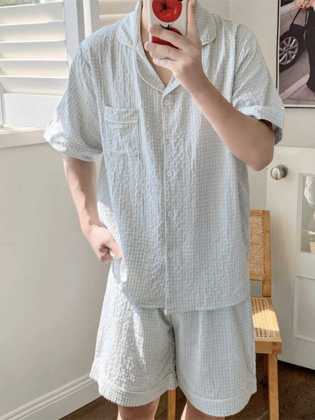 Đồ ngủ đôi caro xanh dương viền ren bèo cho nữ