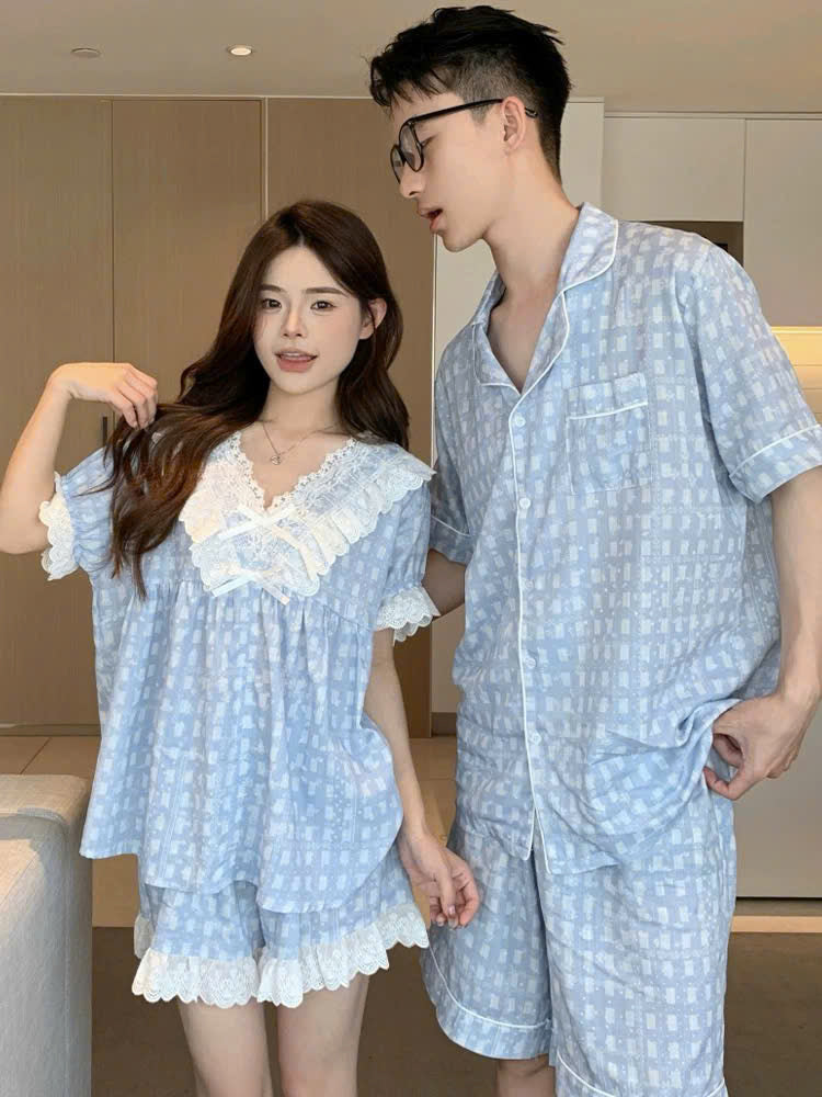 Đồ ngủ đôi caro xanh dương áo V viền ren cho nữ