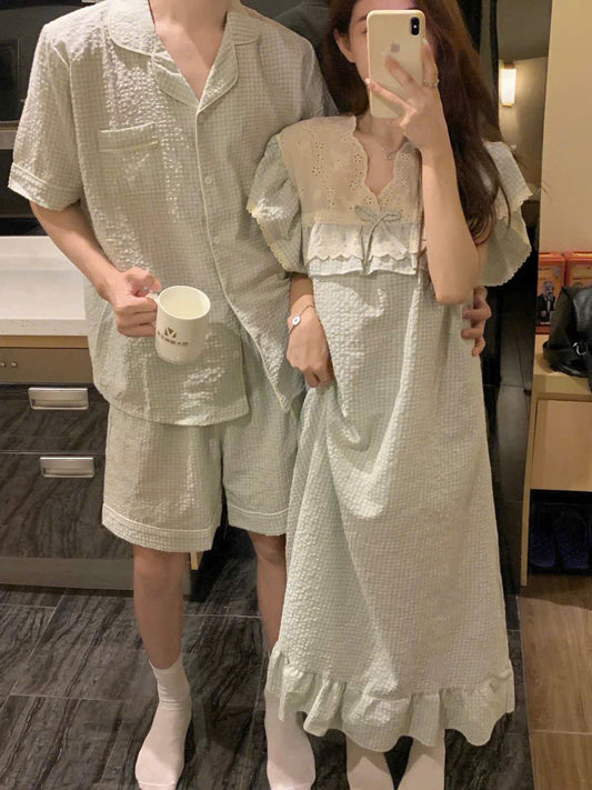 Đồ ngủ đôi caro xanh nhạt nam pijama ngắn - nữ quần đùi hoặc váy