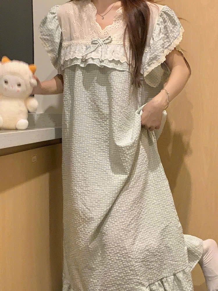 Đồ ngủ đôi caro xanh nhạt nam pijama ngắn - nữ quần đùi hoặc váy