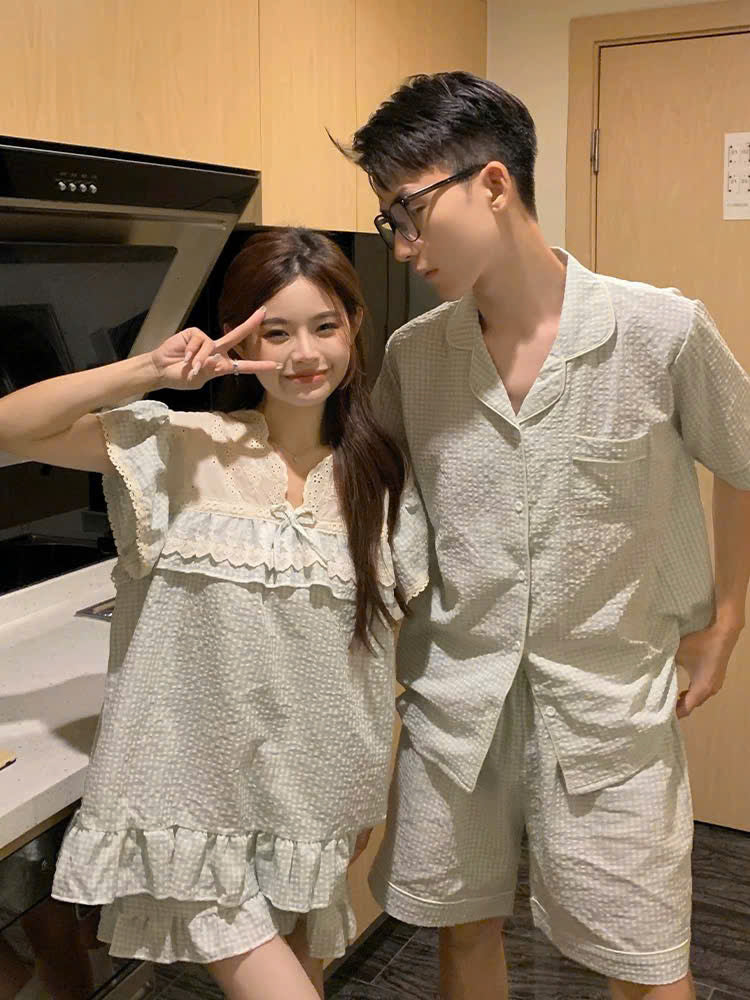 Đồ ngủ đôi caro xanh nhạt nam pijama ngắn - nữ quần đùi hoặc váy