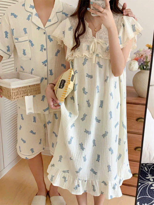 Đồ ngủ đôi trắng thỏ xanh váy hoặc quần cho nữ