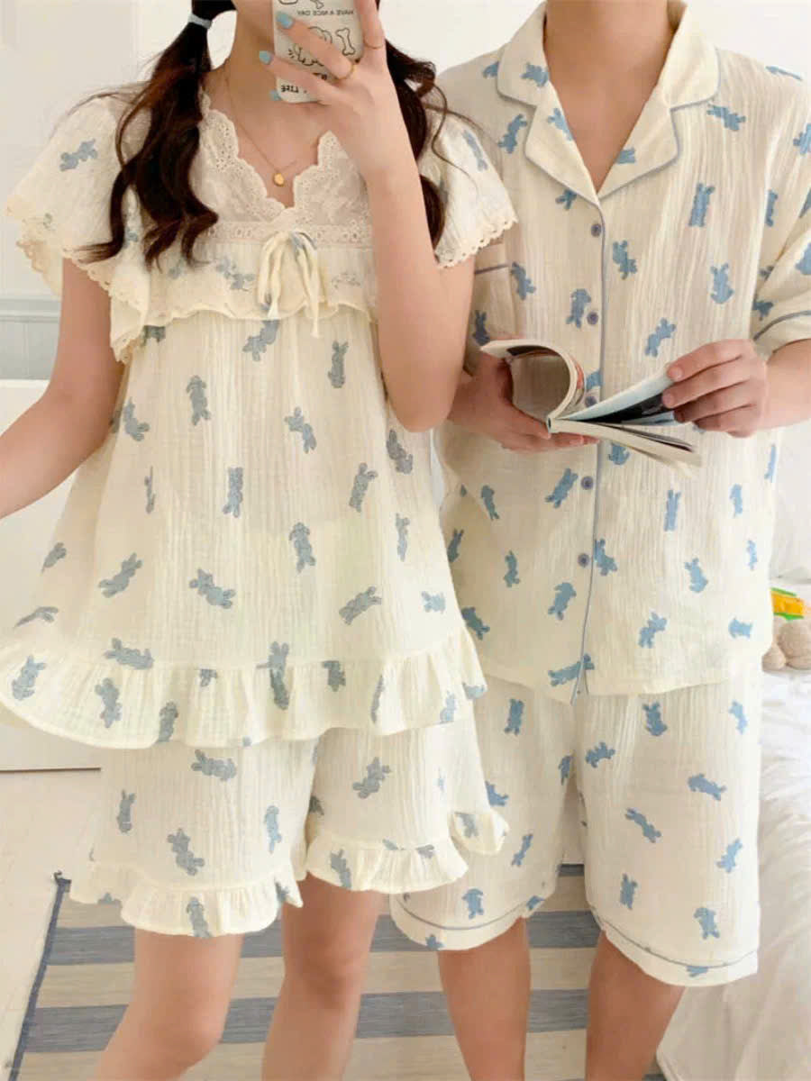 Đồ ngủ đôi trắng thỏ xanh váy hoặc quần cho nữ