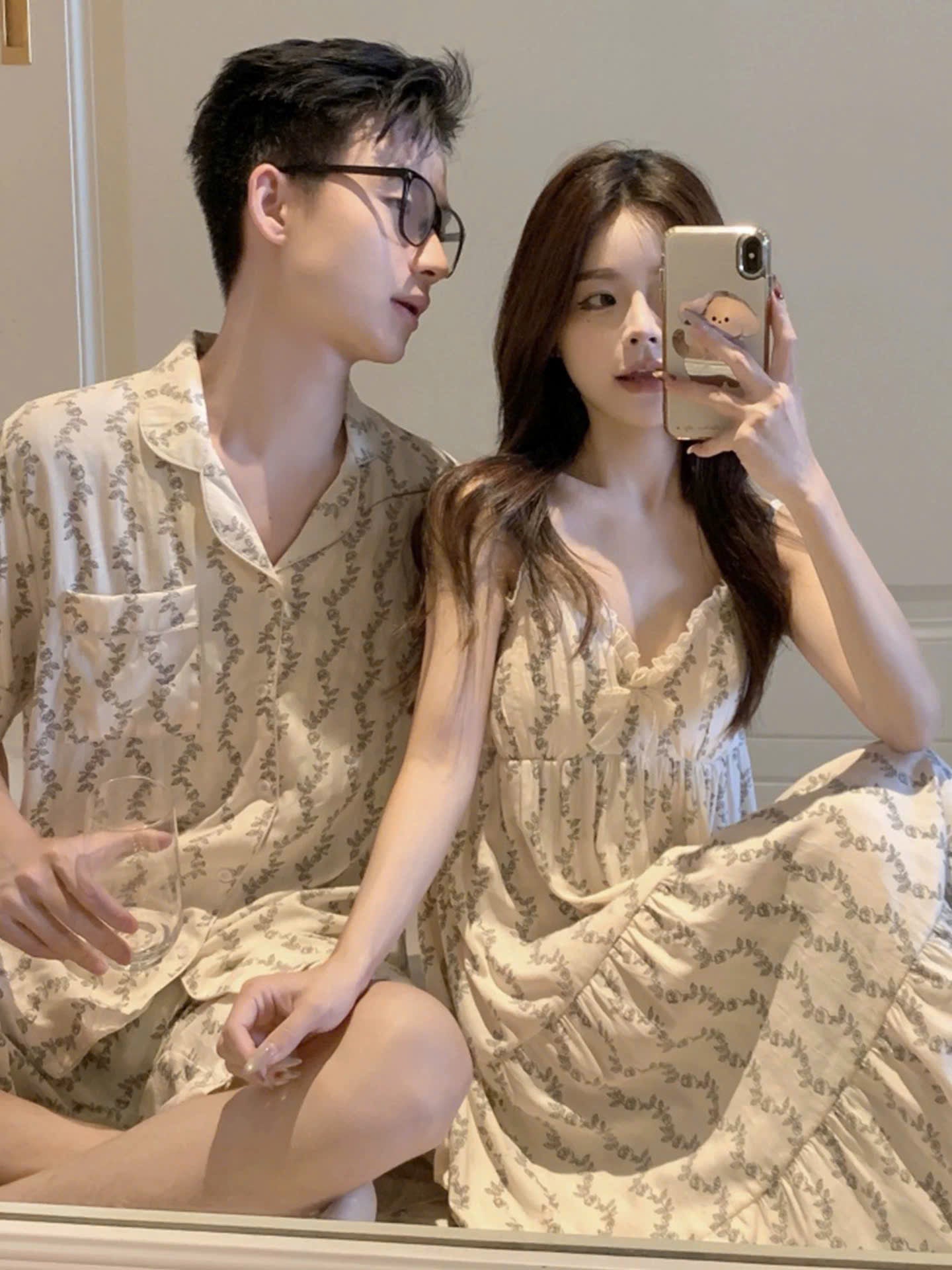 Đồ ngủ đôi hoa lá kiểu nữ 2 dây váy hoặc quần đùi
