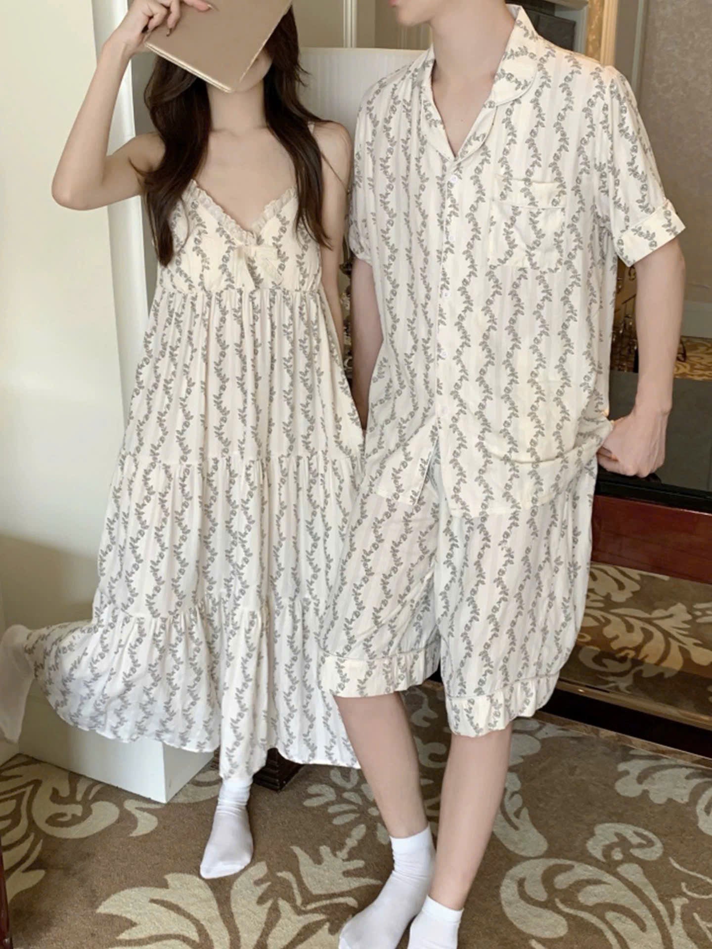 Đồ ngủ đôi hoa lá kiểu nữ 2 dây váy hoặc quần đùi