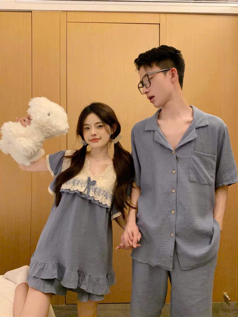 Đồ ngủ đôi 2 tone xanh kiểu quần đùi hoặc váy cho nữ