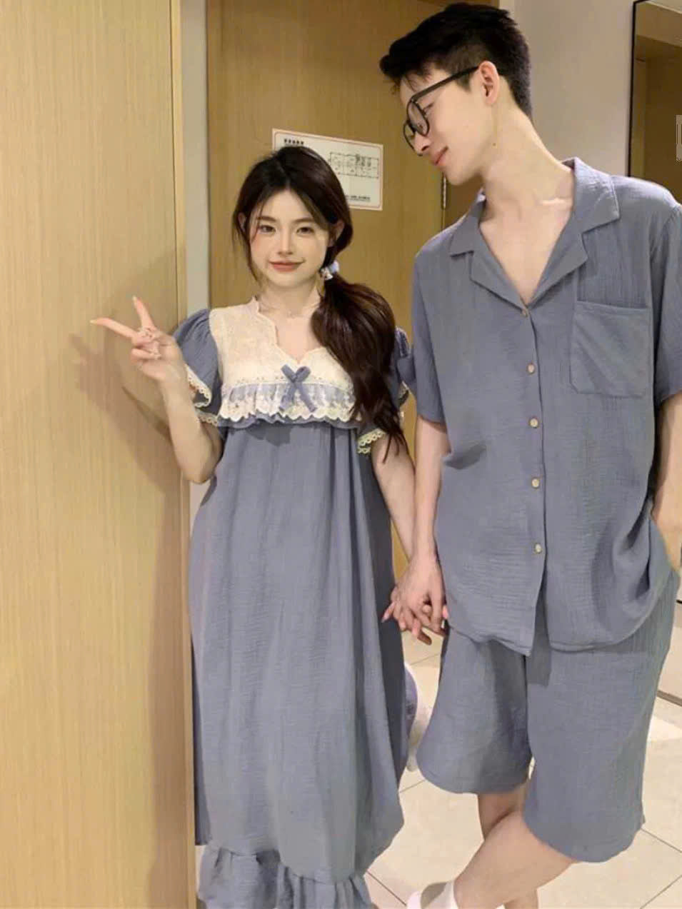 Đồ ngủ đôi 2 tone xanh kiểu quần đùi hoặc váy cho nữ
