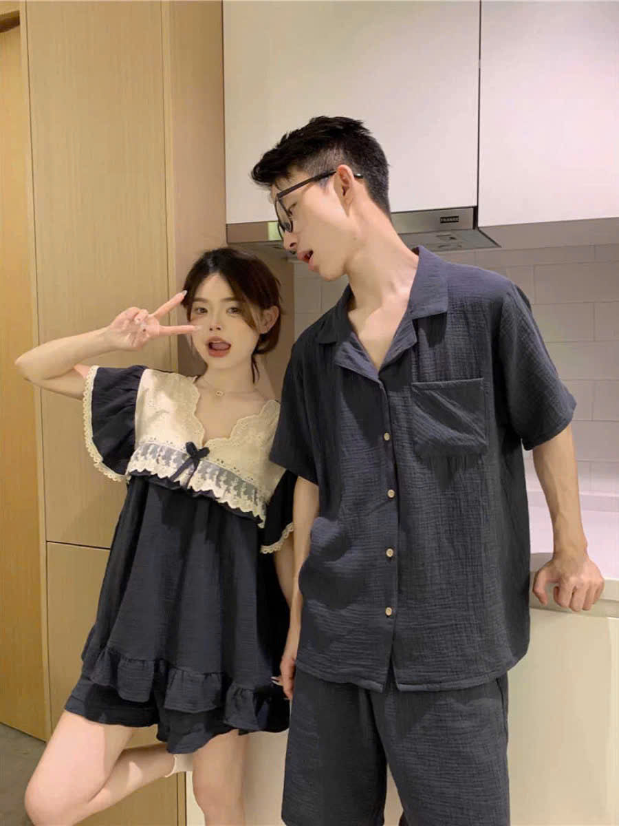 Đồ ngủ đôi 2 tone xanh kiểu quần đùi hoặc váy cho nữ