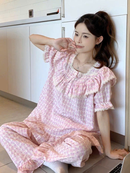 Bộ ngủ caro hồng 2 kiểu quàn dài và đùi
