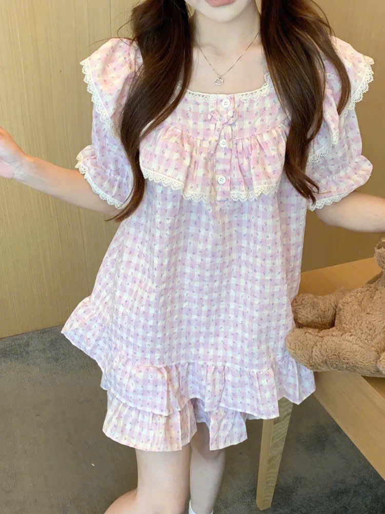 Bộ ngủ caro hồng 2 kiểu quàn dài và đùi