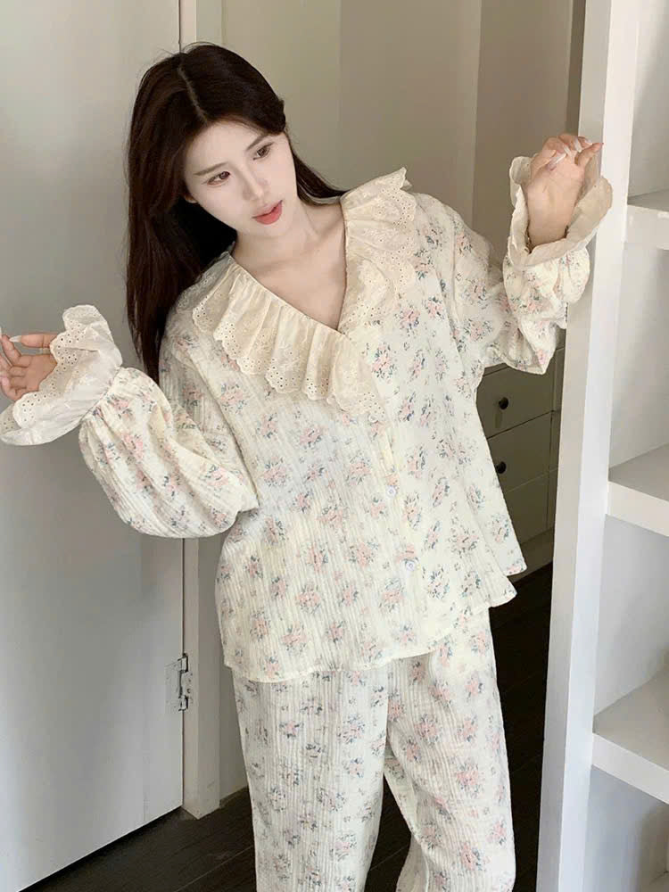 Bộ ngủ tay dài quần dài hoa vintage