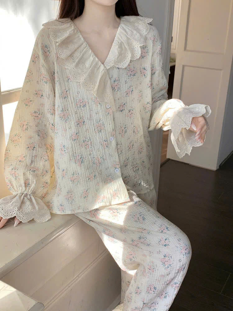Bộ ngủ tay dài quần dài hoa vintage