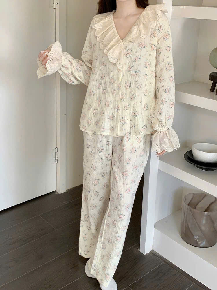 Bộ ngủ tay dài quần dài hoa vintage