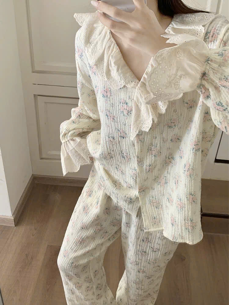 Bộ ngủ tay dài quần dài hoa vintage