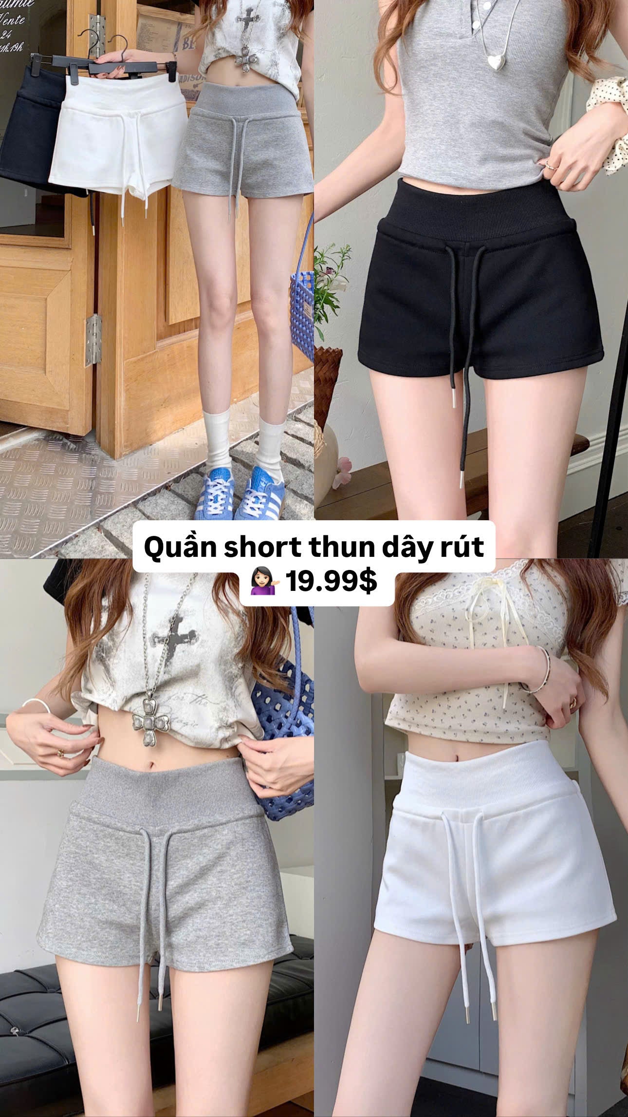 Quần short thun dây rút cạp cao lưng bản