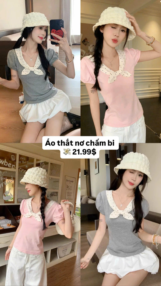 Áo cổ V thắt nơ chấm bi tay bồng dễ thương