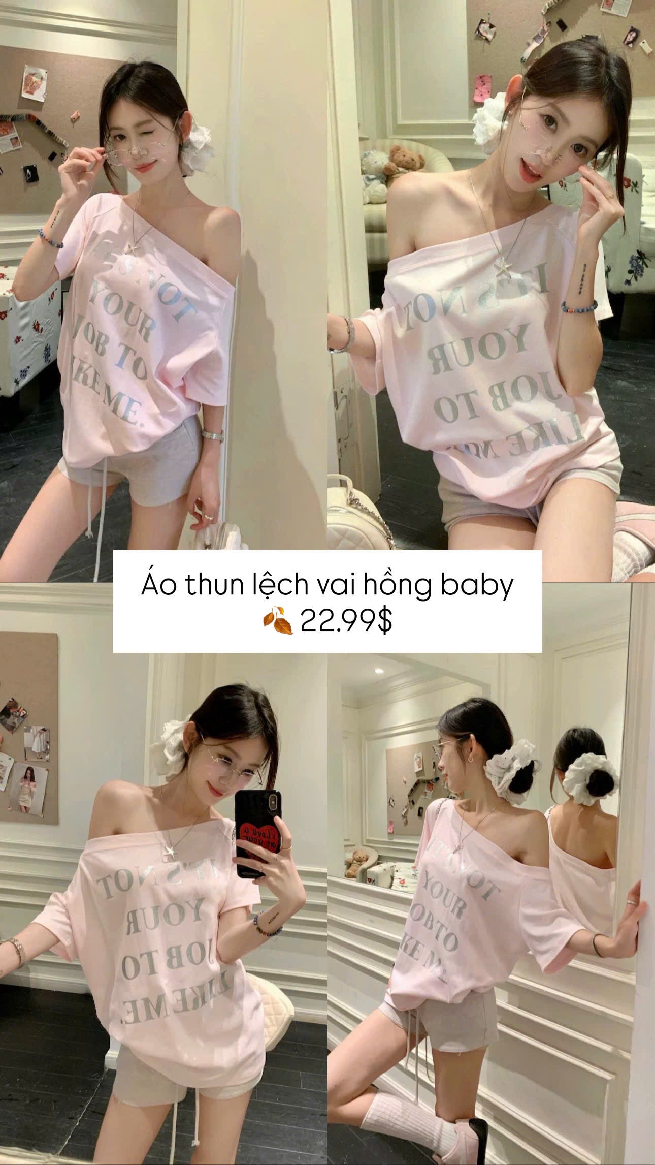 Áo phông lệch vai hồng baby