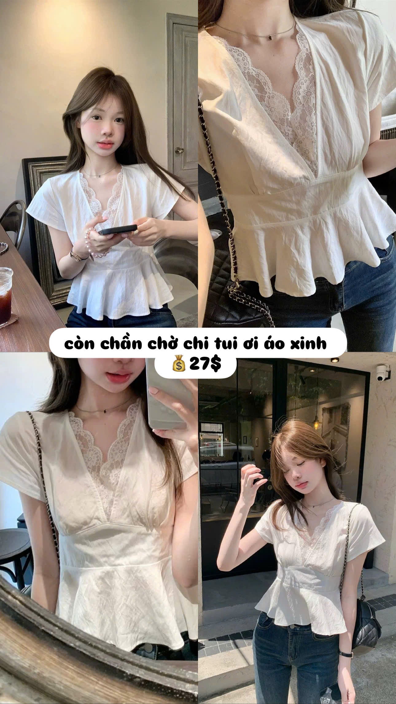 Áo trắng cổ V phối ren thanh lịch
