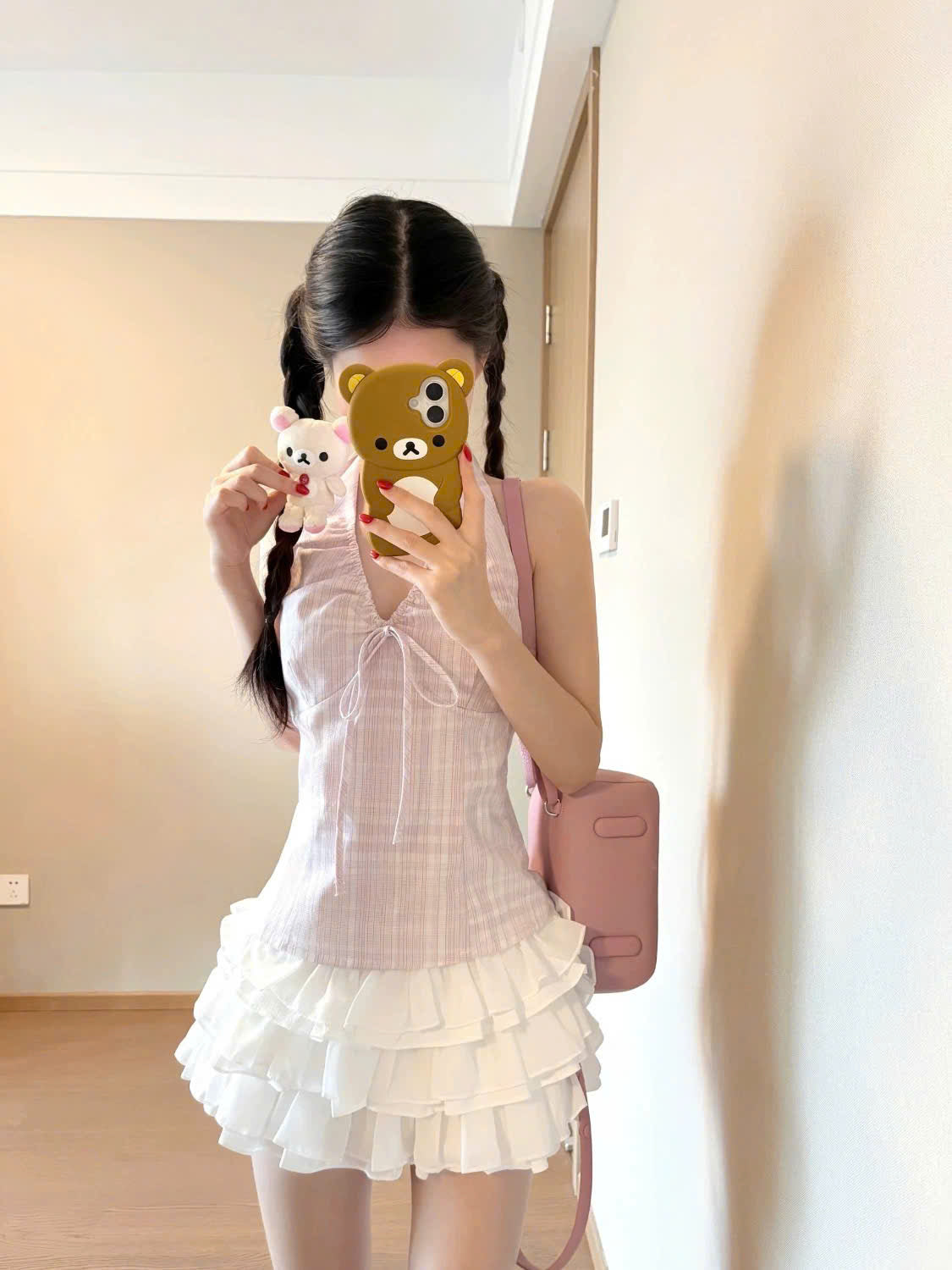 Áo cổ yếm hồng kẻ sọc cột nơ