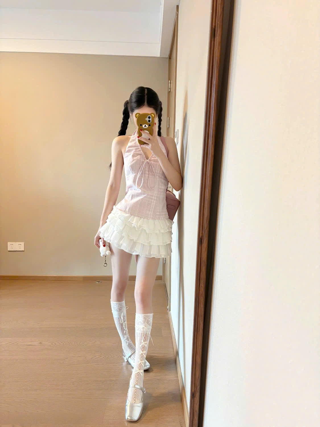 Áo cổ yếm hồng kẻ sọc cột nơ