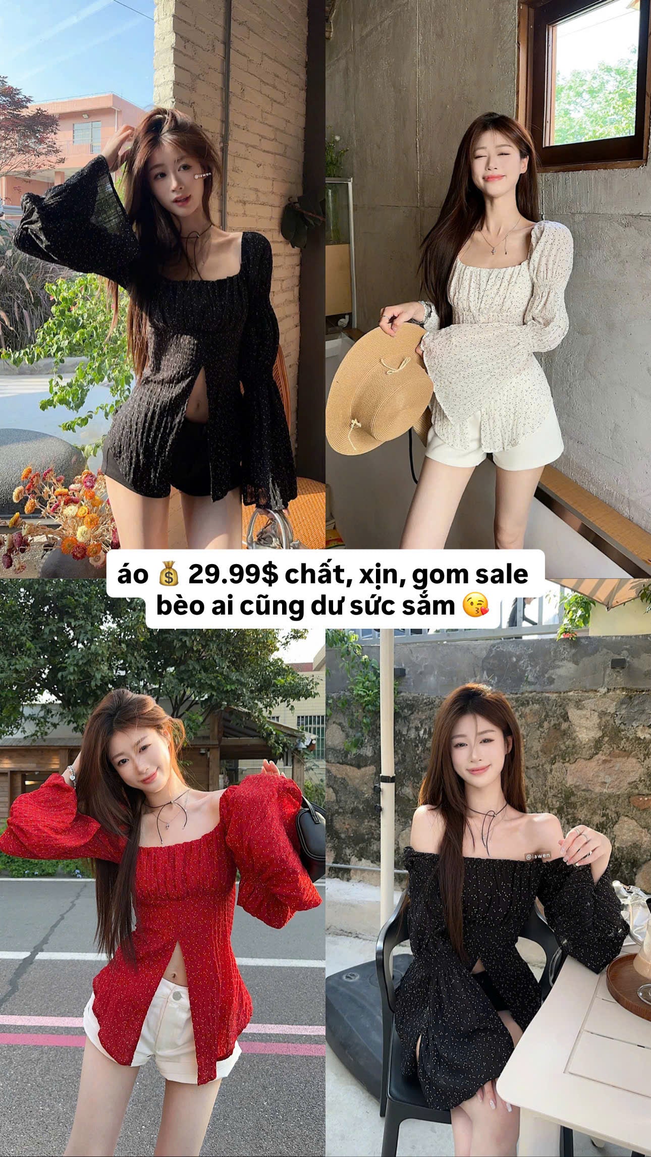 Áo voan tay phồng chấm bi xẻ tà