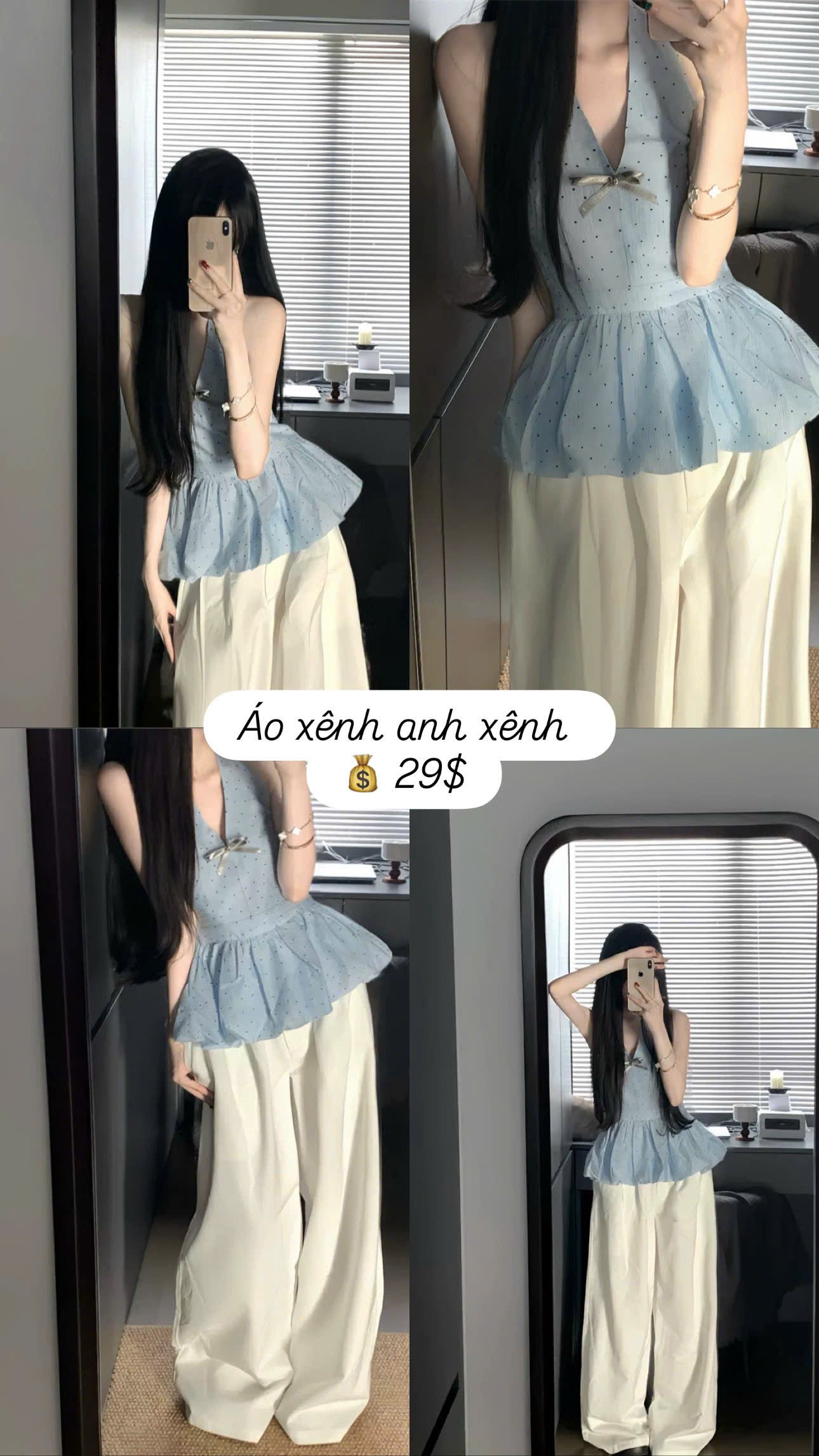 Áo cổ yếm xanh dương chấm bi ngọt ngào