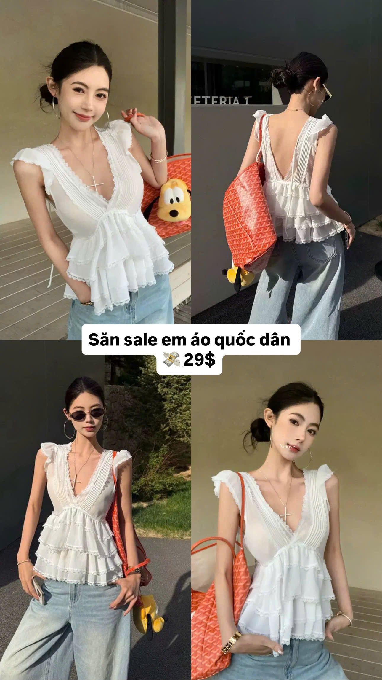 Áo trắng cổ V form xòe quốc dân