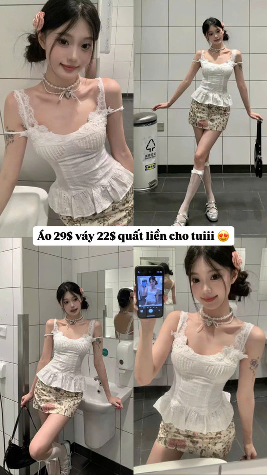 Set áo 2 dây ren chân váy hoa nữ tính