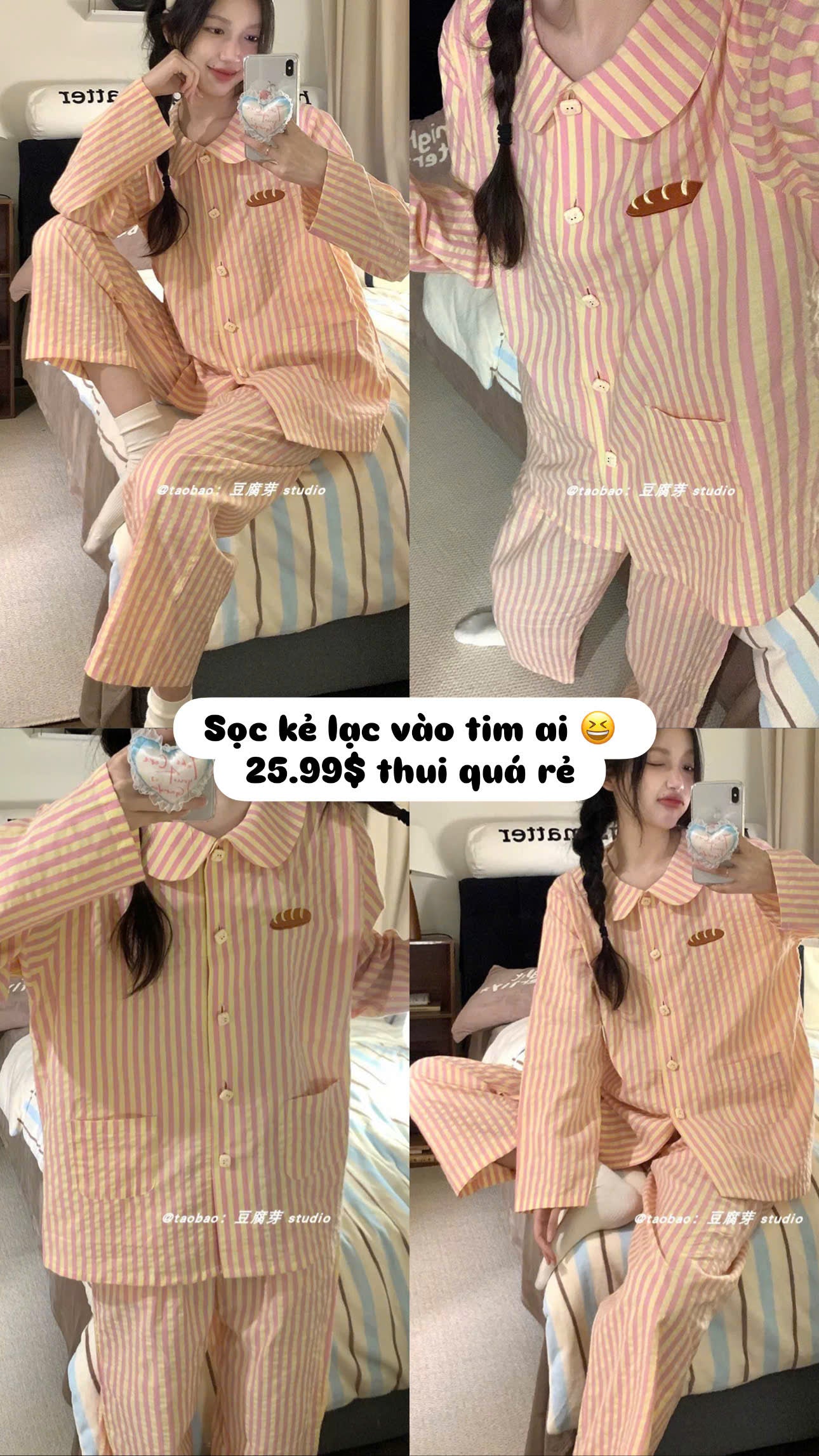 Bộ ngủ dài kẻ sọc hồng vàng hình bánh mì