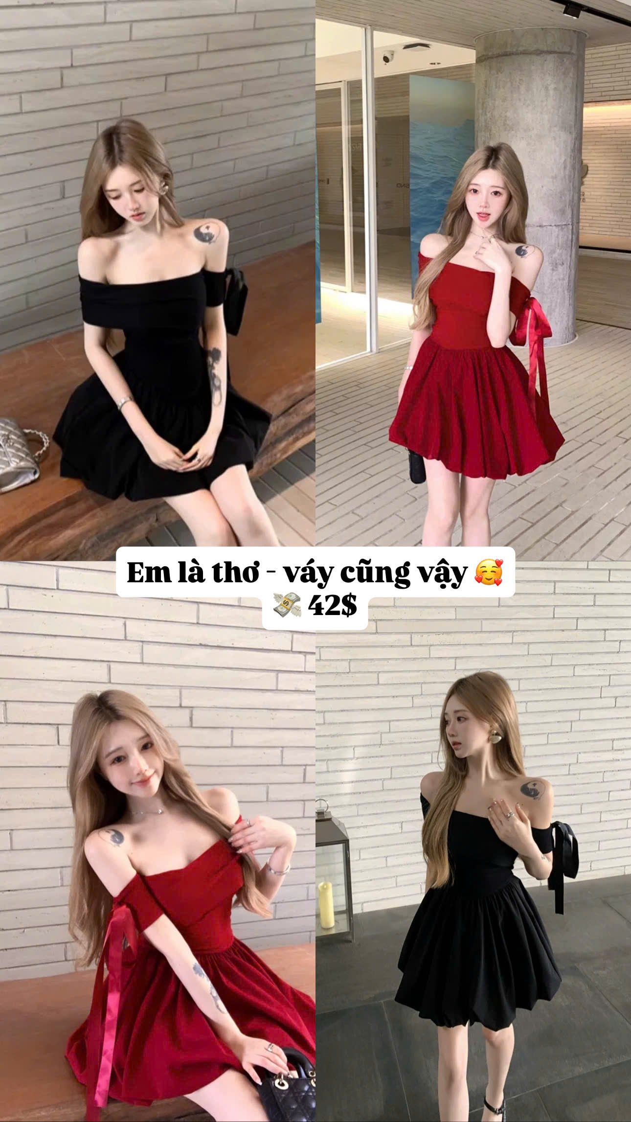 Váy trễ vai đỏ - đen quyến rũ