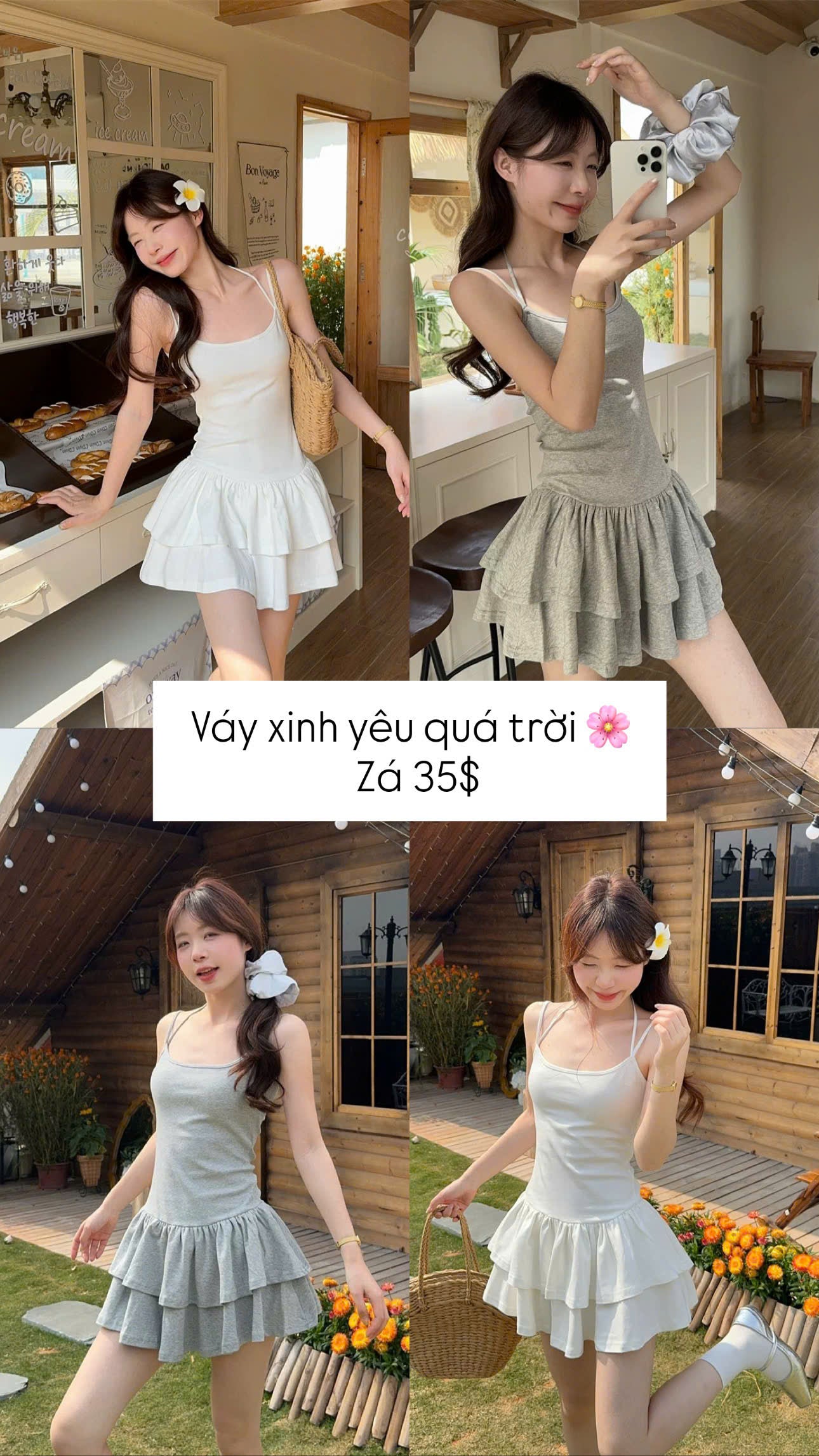 Váy dây trơn xếp ly trắng - xám