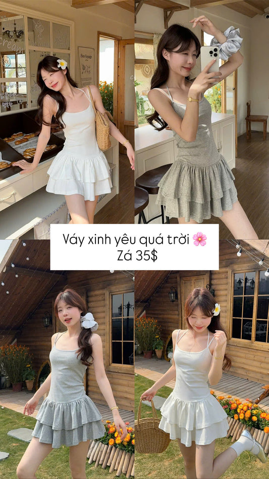 Váy dây trơn xếp ly trắng - xám
