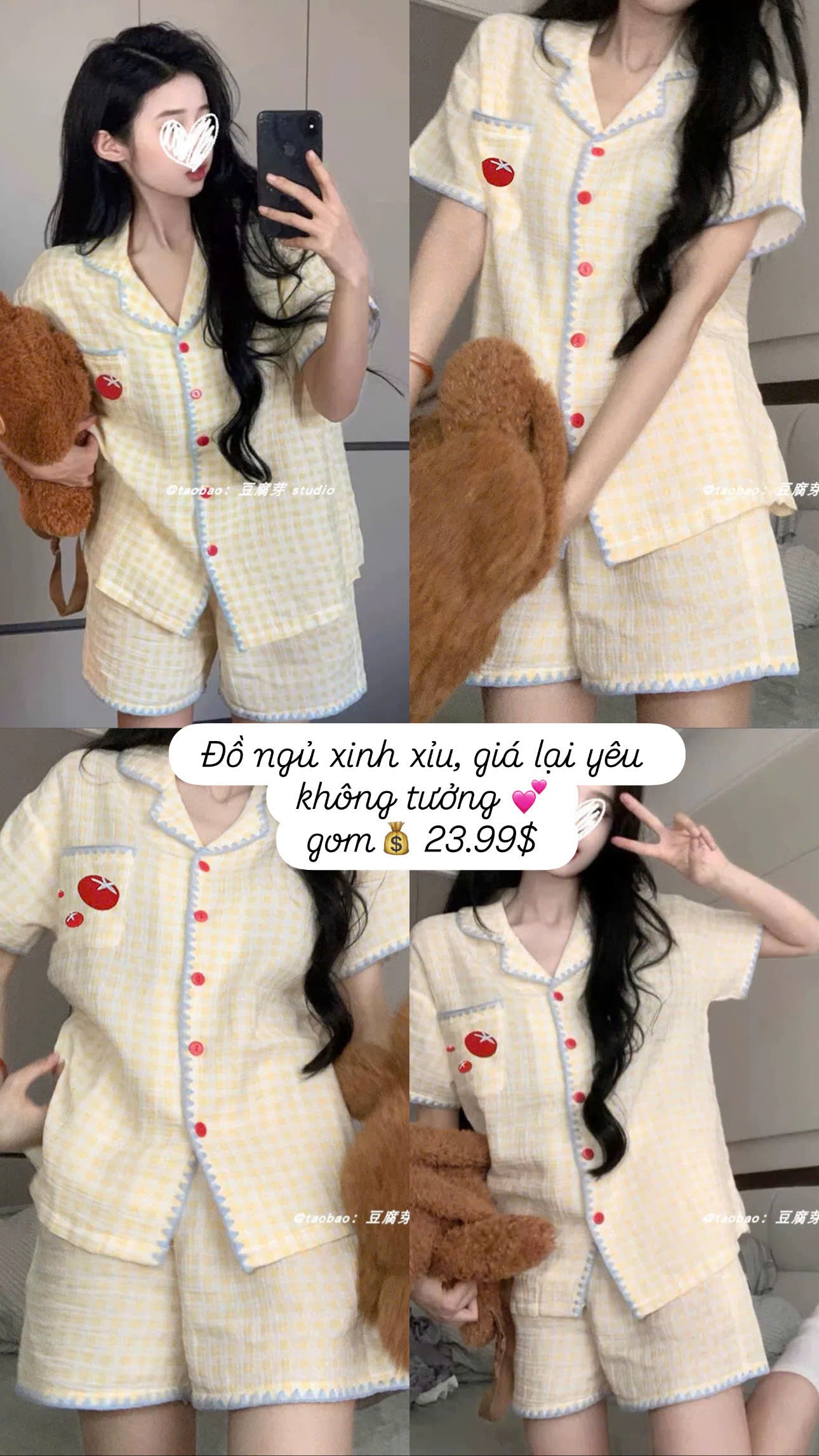 Bộ ngủ đùi caro vàng cà chua giá siêu yêu
