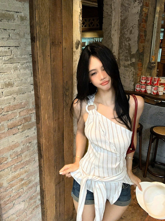 Áo lệch vai kẻ sọc cột dây eo
