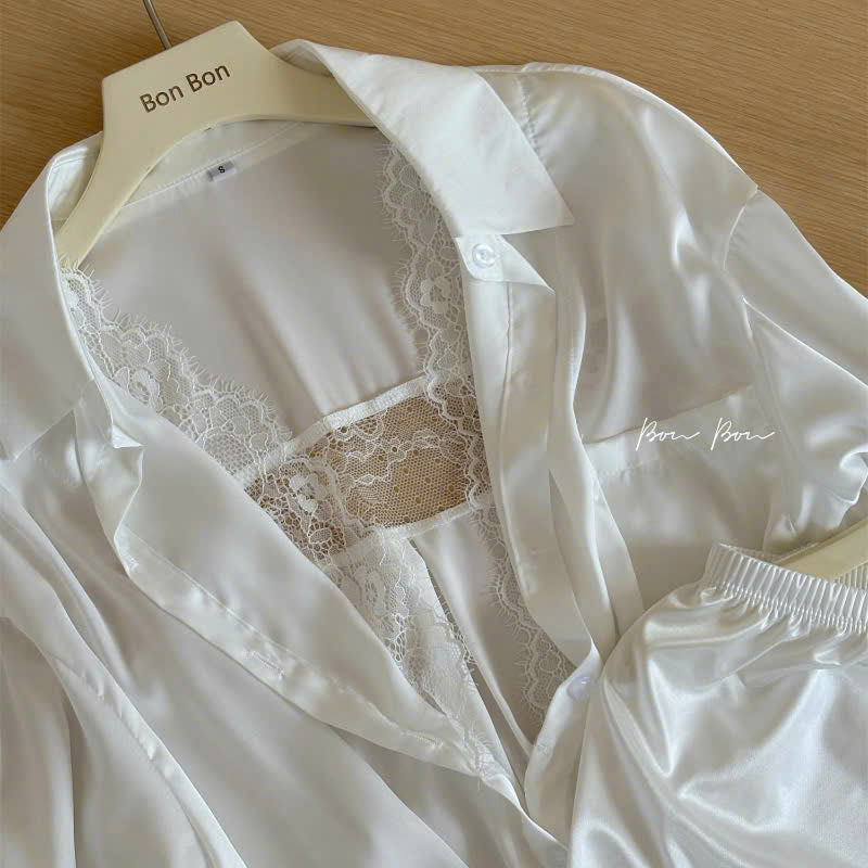 Set đồ ngủ lụa sơ mi lụa viền ren sáng sang