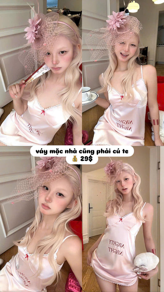 Váy ngủ 2 dây lụa hồng baby