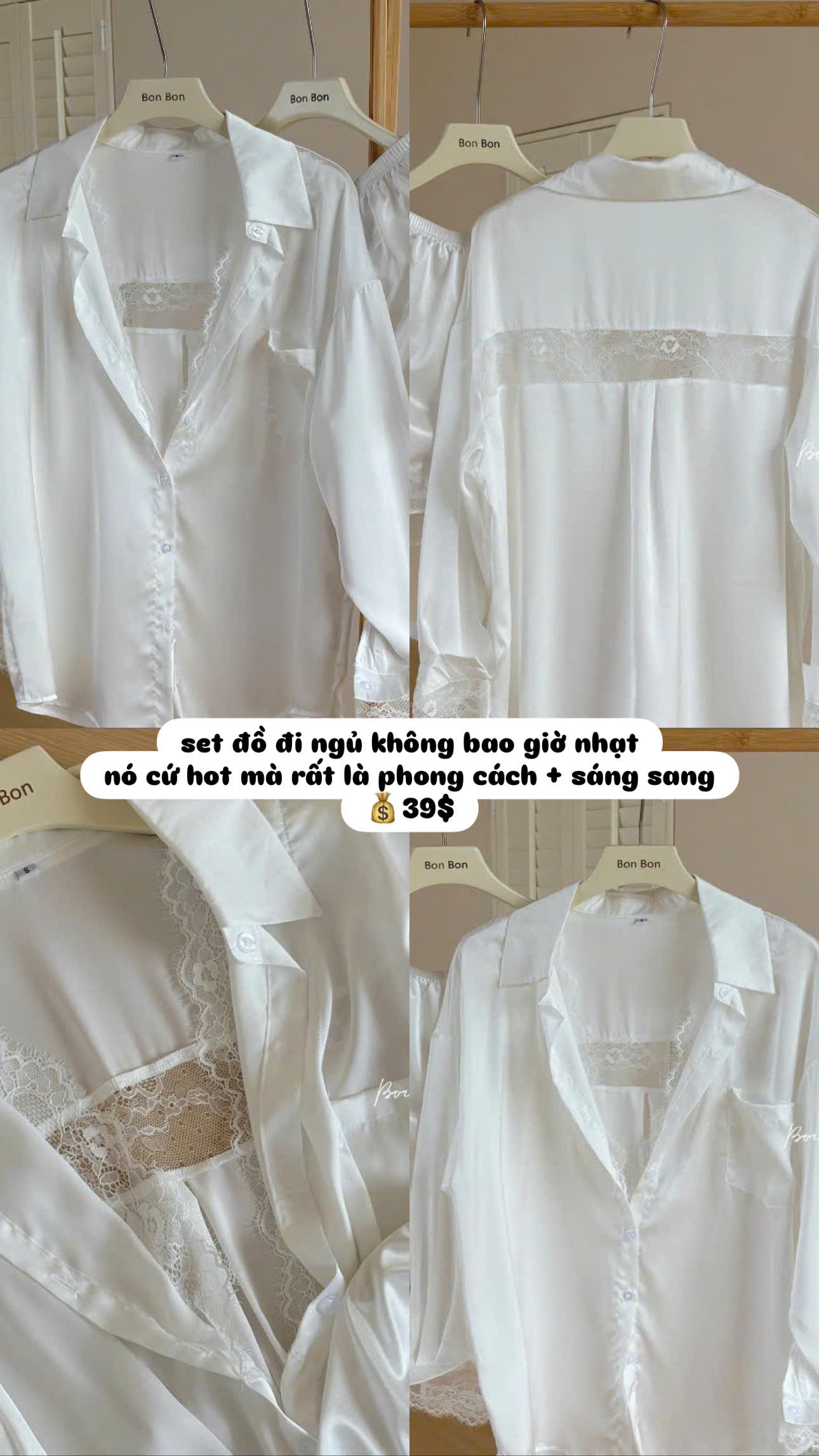 Set đồ ngủ lụa sơ mi lụa viền ren sáng sang