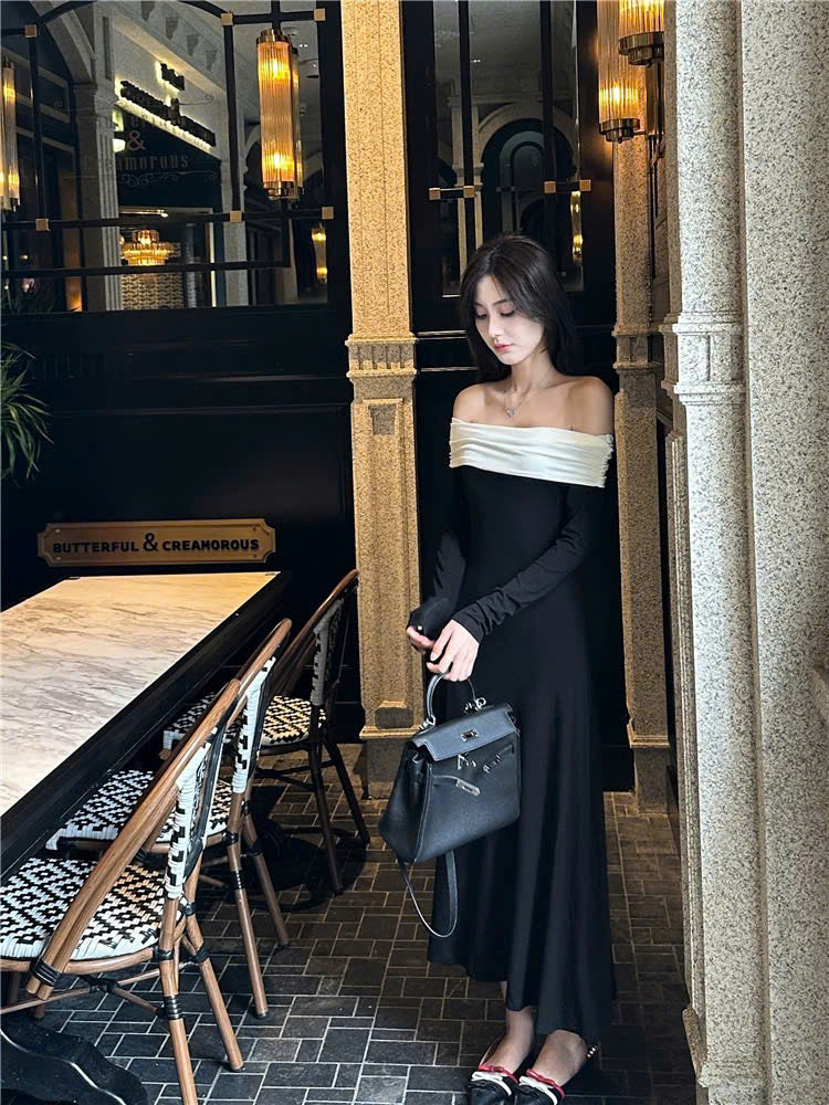 Đầm dài trễ vai đen trắng sang trọng