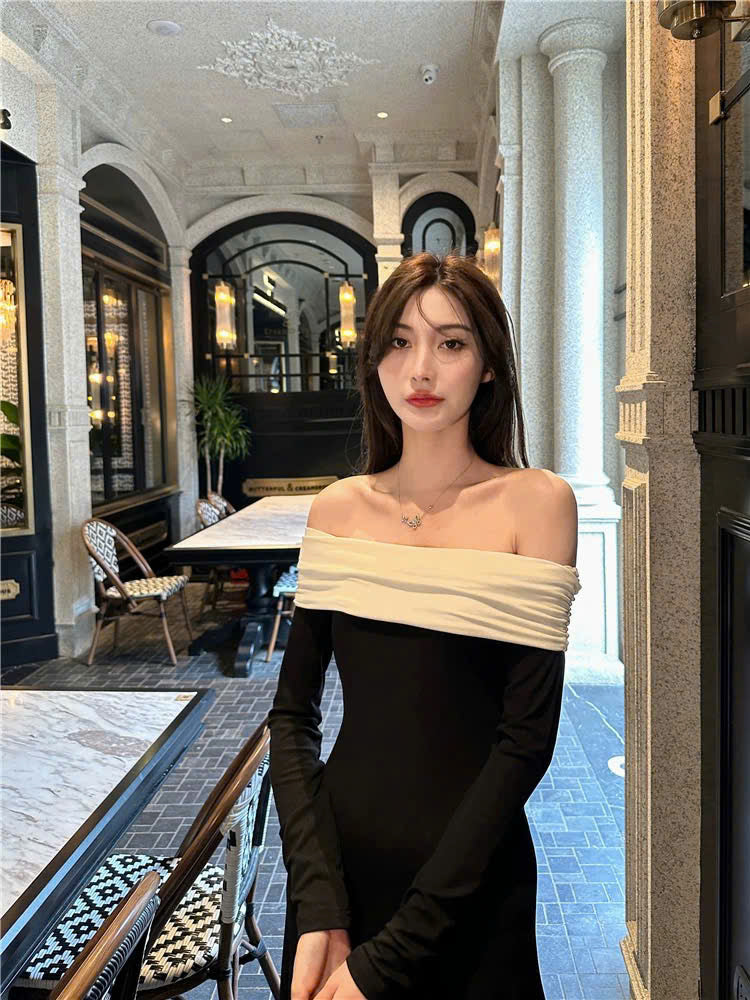 Đầm dài trễ vai đen trắng sang trọng