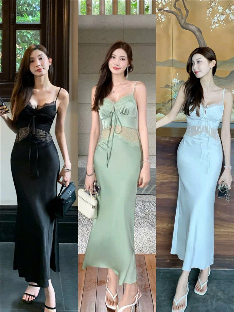 Đầm lụa 2 dây phối ren eo quyến rũ