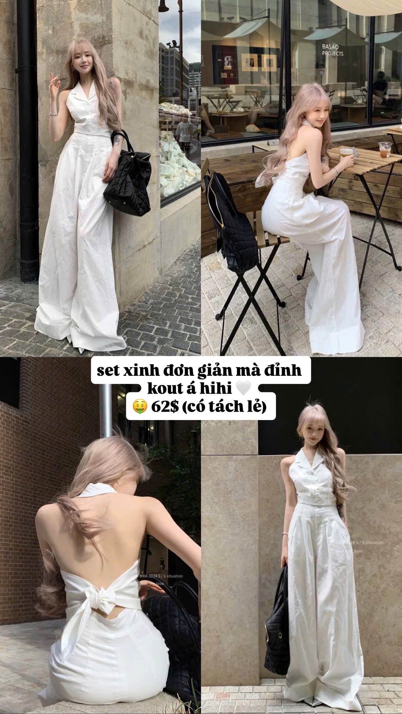 Set áo sơ mi cổ yếm quần ống rộng có tách lẻ