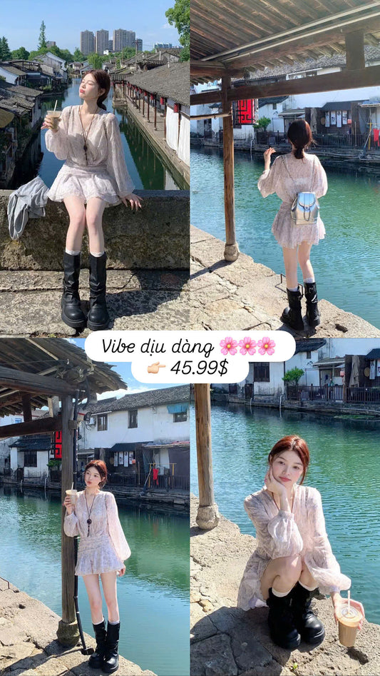 Đầm tay bồng hoa nhí vibe diệu dàng