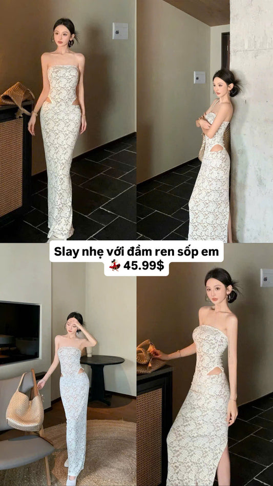 Đầm ren trắng dài xẻ eo slay