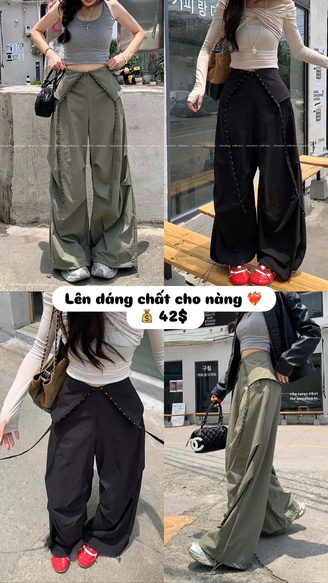 Quần ống rộng lưng lật lên dáng chất
