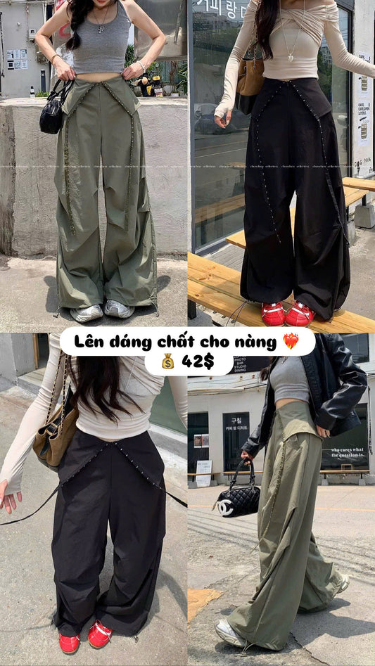 Quần ống rộng lưng lật lên dáng chất