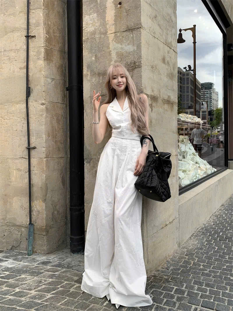 Set áo sơ mi cổ yếm quần ống rộng có tách lẻ