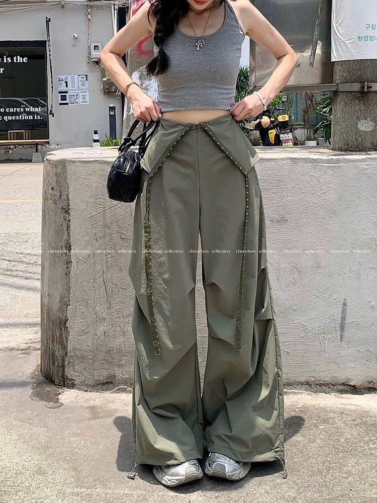 Quần ống rộng lưng lật lên dáng chất
