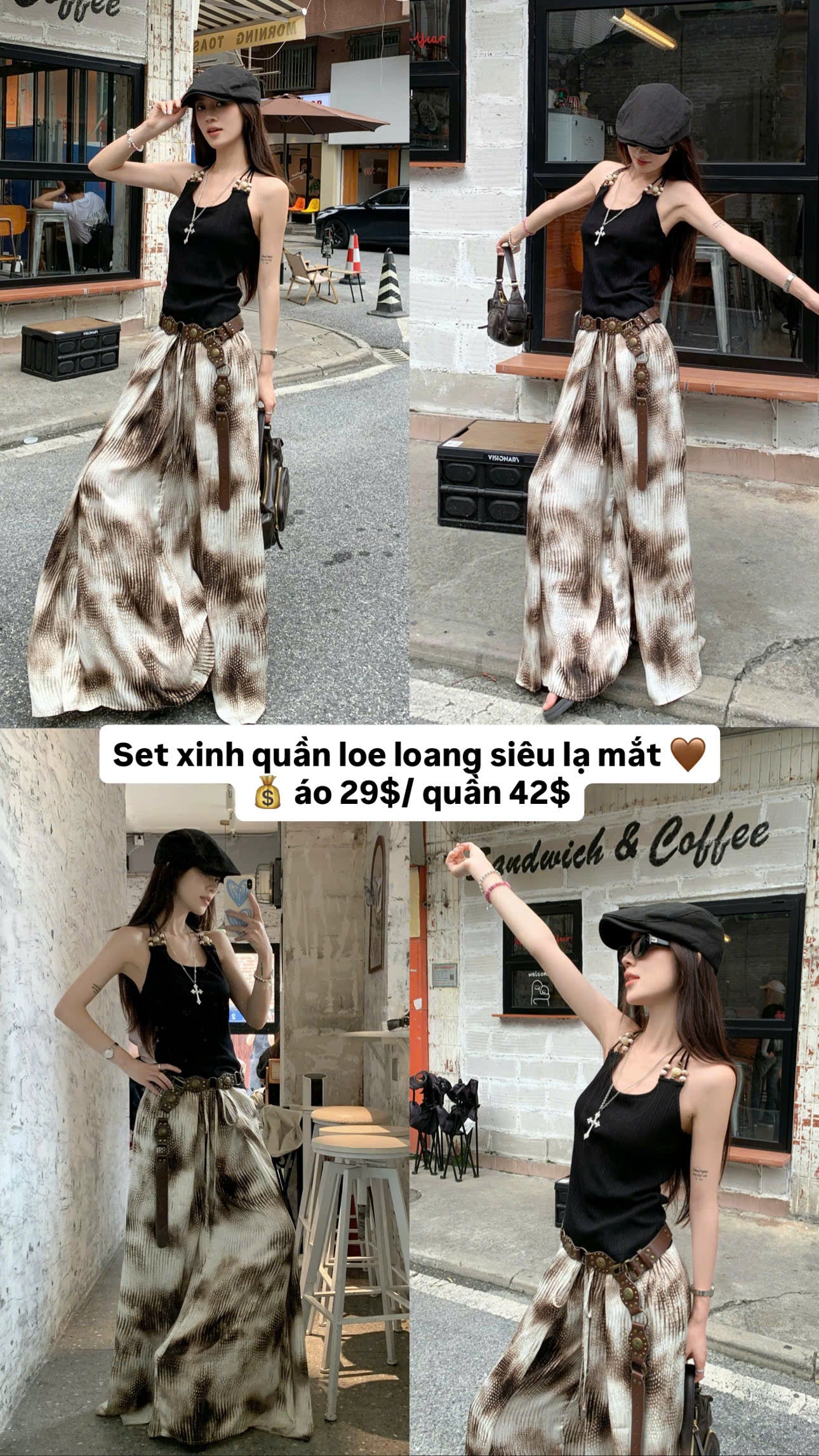 Set áo 2 dây quần loe loang siêu lạ mắt