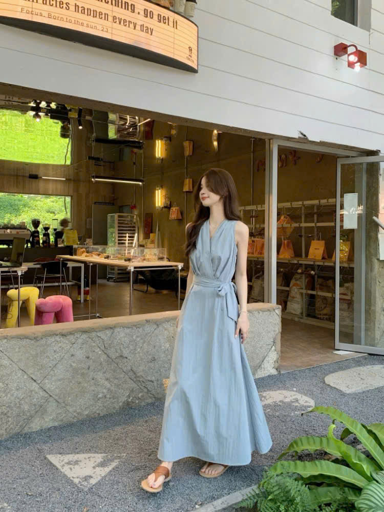 Đầm cổ V cột eo đơn giản mê say