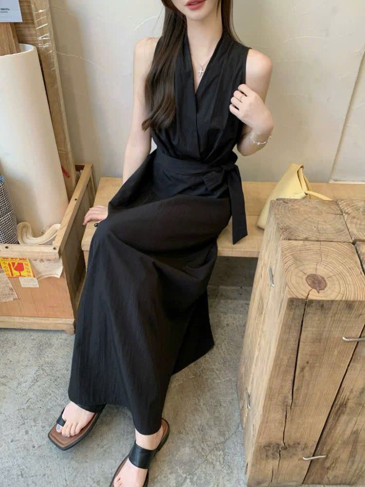 Đầm cổ V cột eo đơn giản mê say
